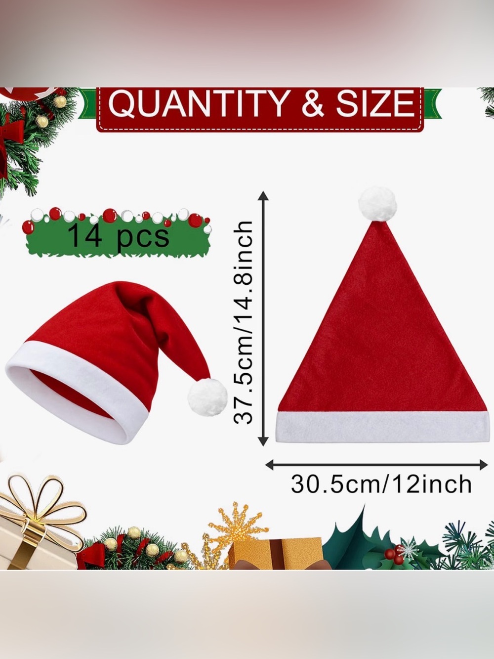 14 new Christmas Felt Santa Hats, Red and White Thickened Fabric Costume Hat